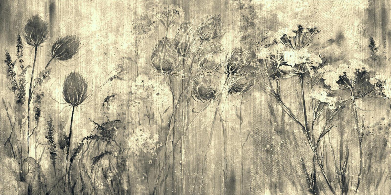 Fototapeta flizelinowa w kolorystyce retro. Szkic dużych roślin na dzikiej łące.