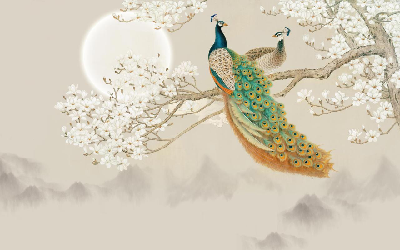Fototapeta na wymiar z kolorowymi pawiami na kwitnącym drzewie