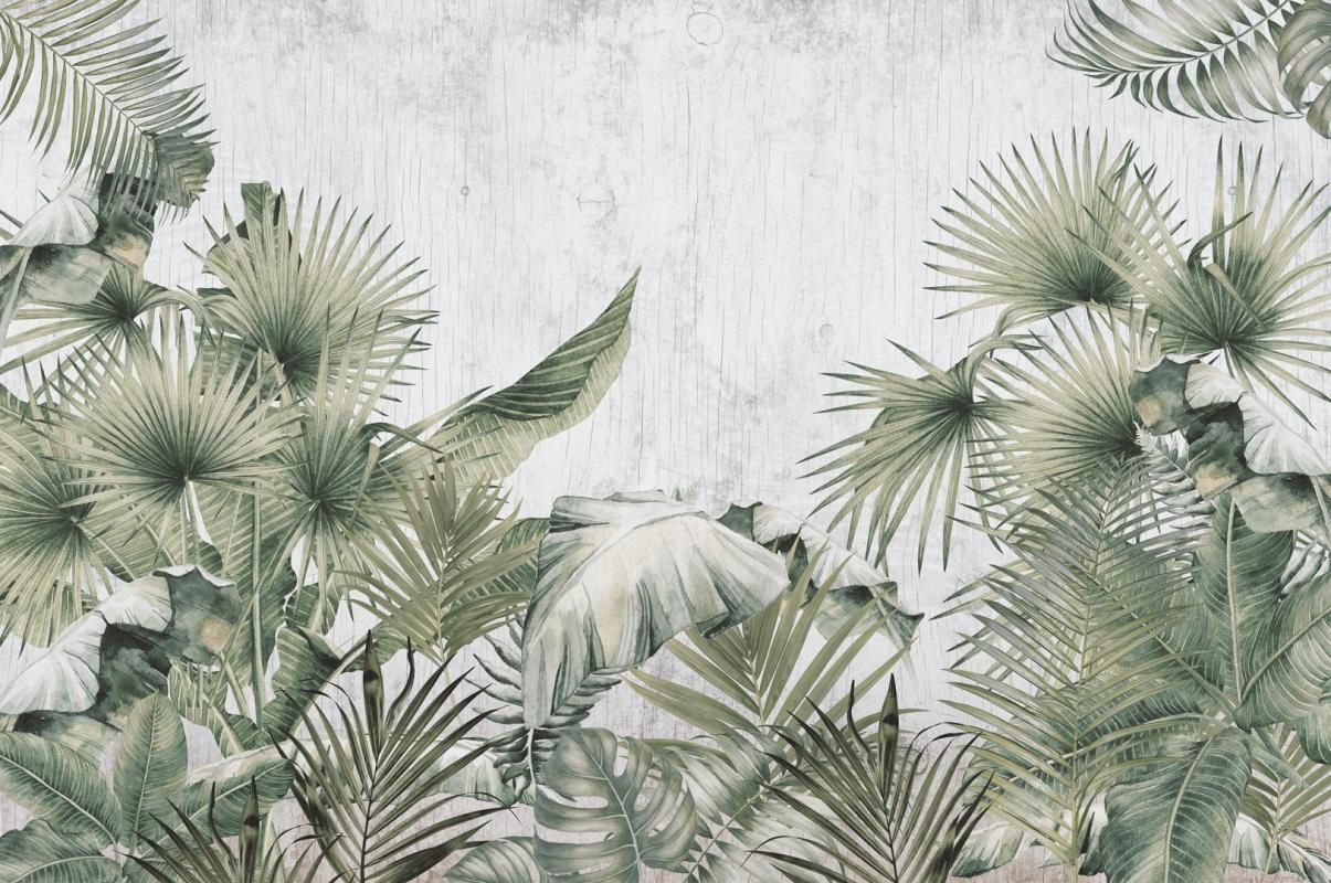 Mural z zielonymi liśćmi tropikalnymi na betonie