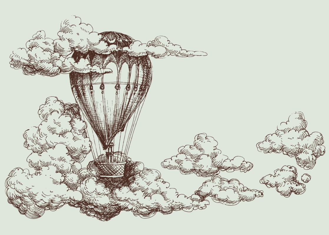 Retro balon wśród chmur, minimalistyczna fototapeta w odcieniach beżu.
