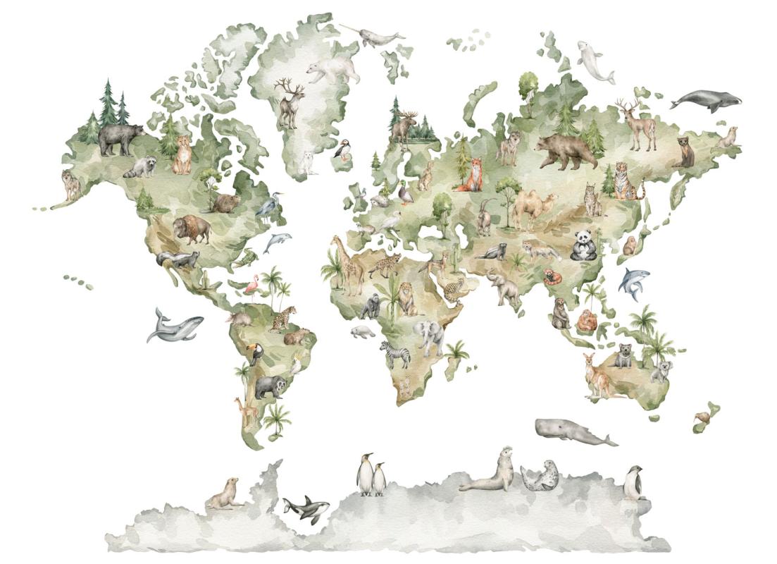 Fototapeta zwierzęta świata na kolorowej mapie