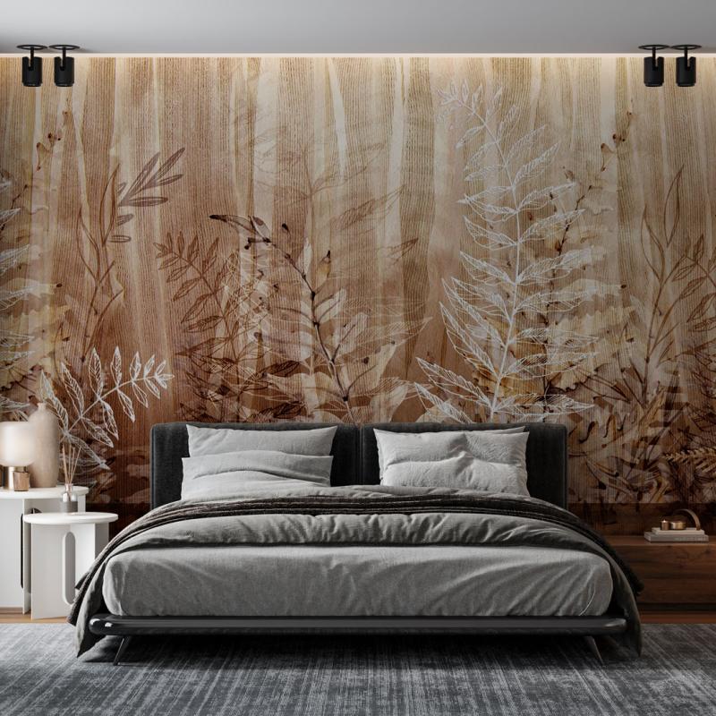 Minimalistyczna sypialnia z fototapetą liście paproci