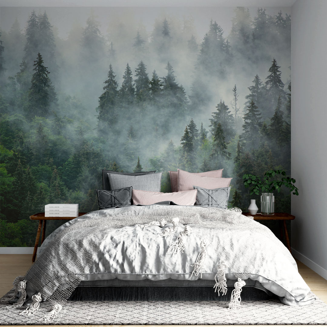 Fototapeta las we mgle w sypialni skandynawskiej