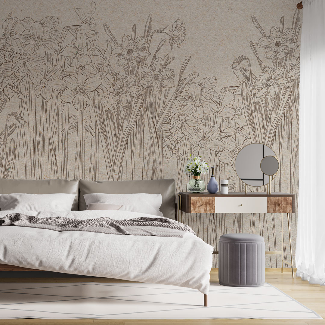 Fototapeta kwiaty w skandynawskiej sypialni