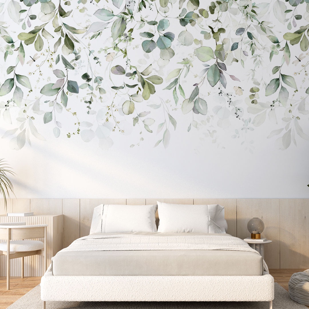 Fototapeta zielone listki w skandynawskiej sypialni