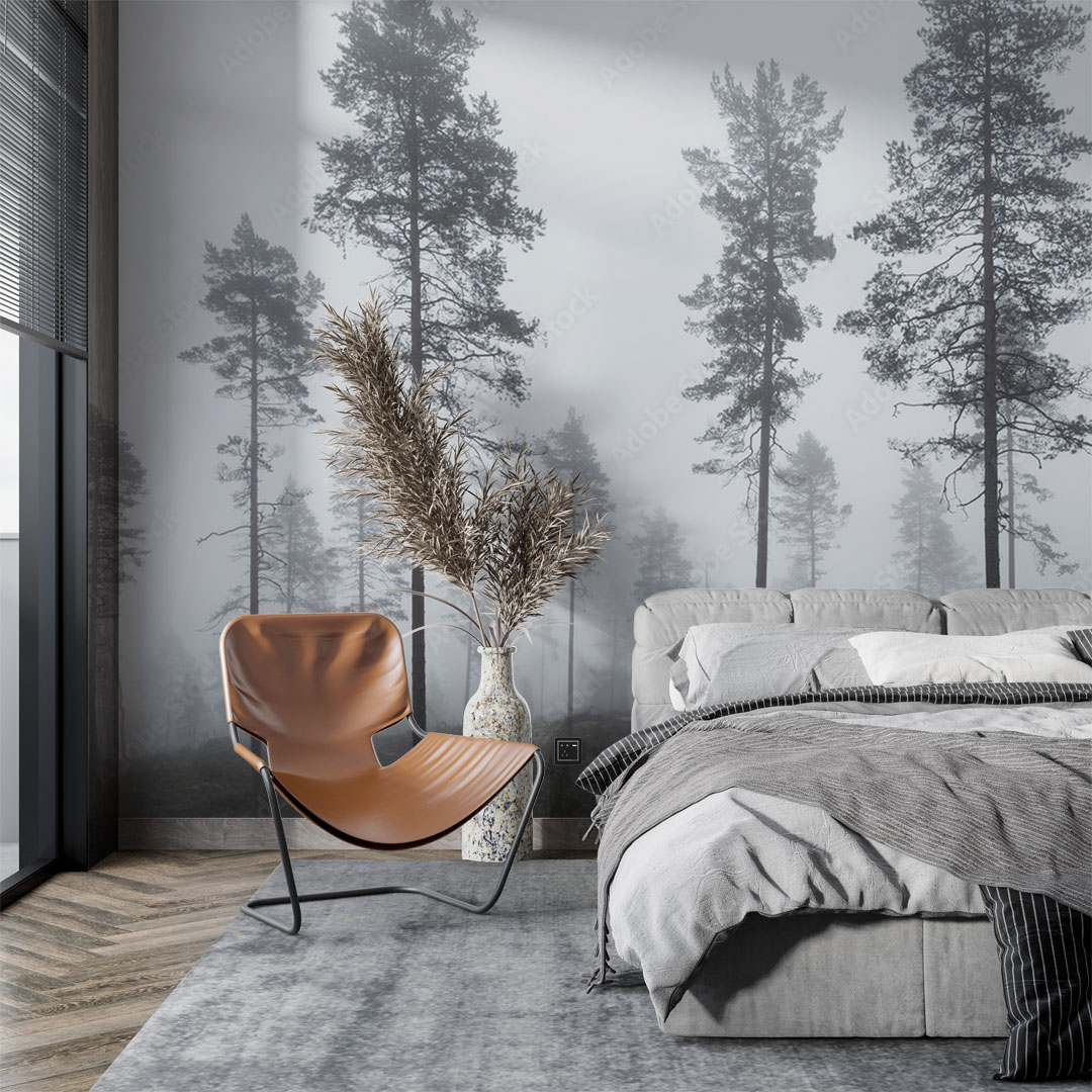 sypialnia skandynawska z fototapetą szary las we mgle