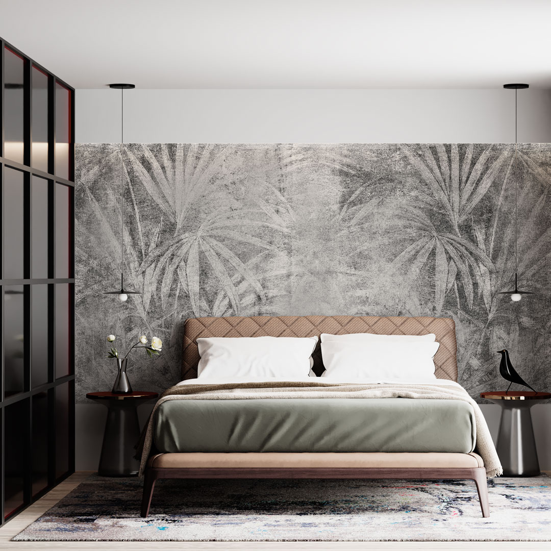 Sypialnia loft ze skórzanym łózkiem i fototapeta liście palmy