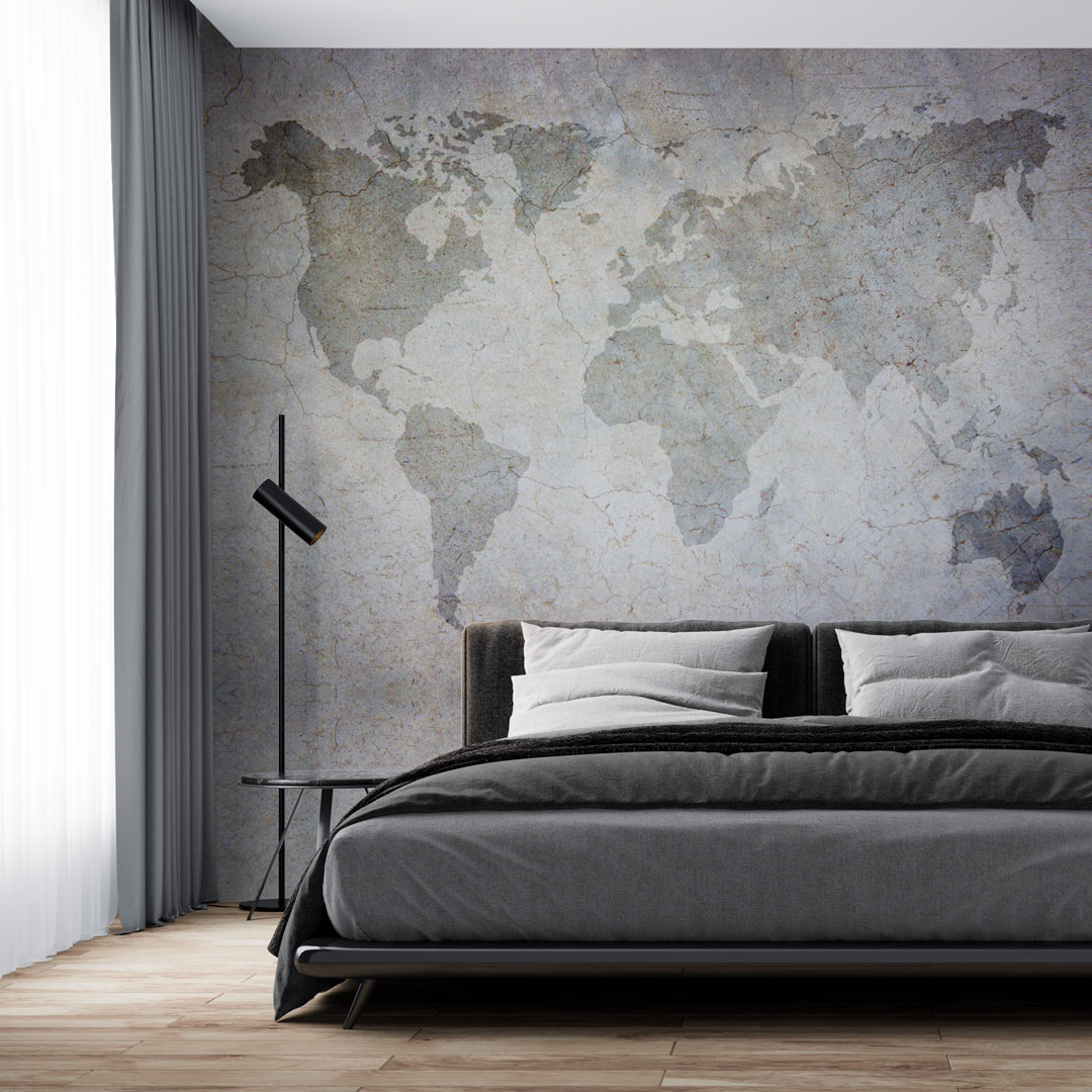 Betonowa fototapeta mapa świata w sypialni