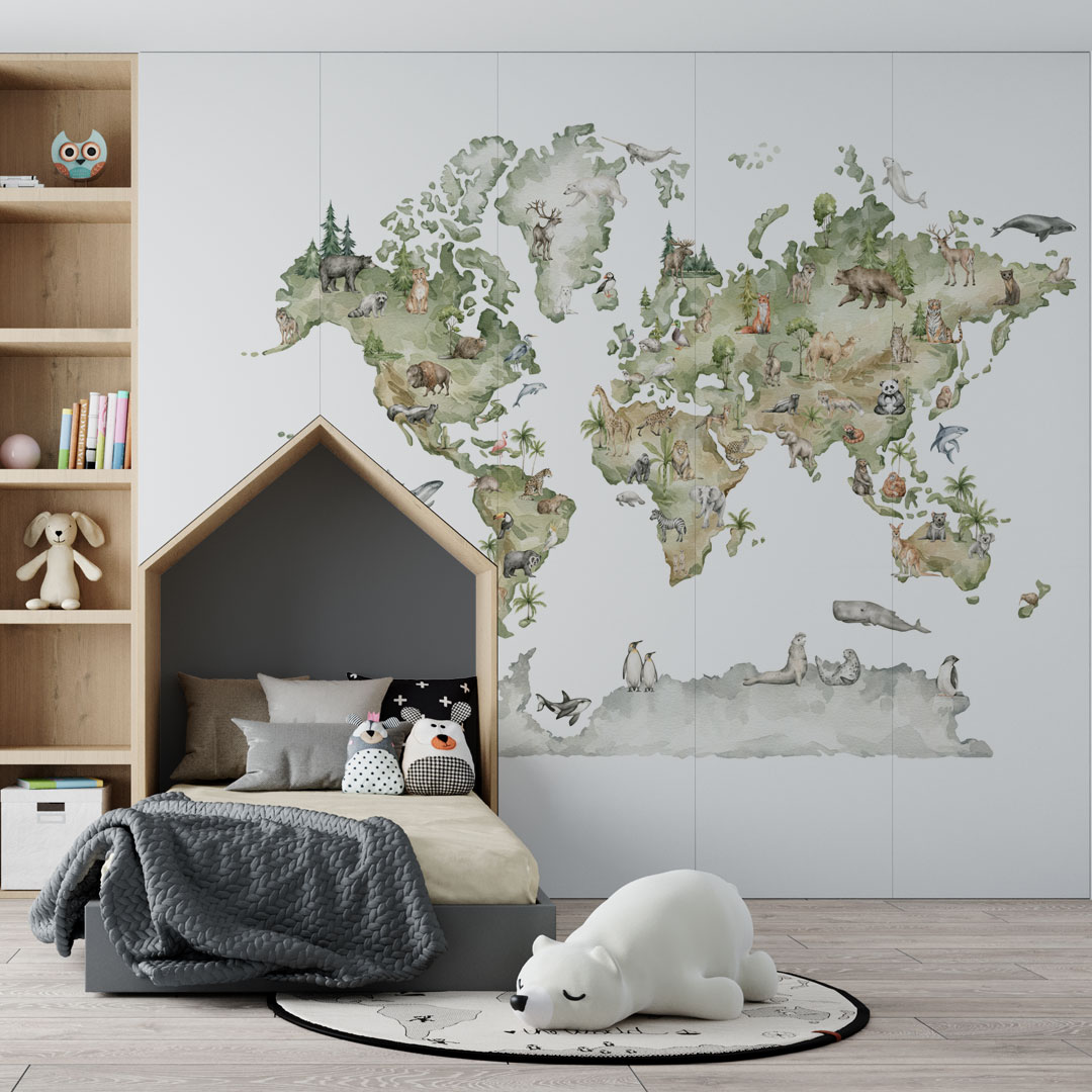 Fototapeta mapa świata i zwierzęta w pokoju chłopca