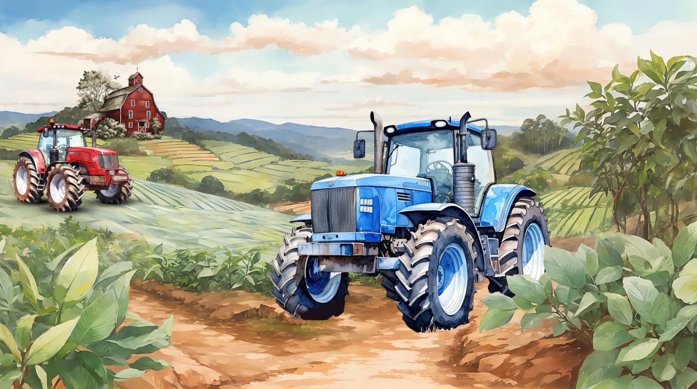 Fototapeta z widokiem na pola i pracujące na nich traktory 