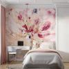 Aranżacja romantycznej sypialni z fototapetą z motywem malowanego kwiatu