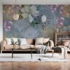 Fototapeta magnolie i jaśmin w salonie ze skórzaną kanapą